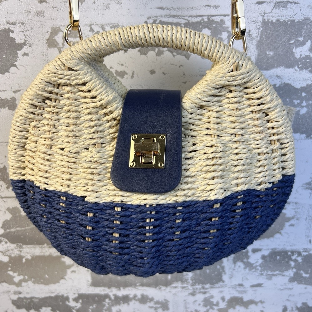 Shiraleah Chicago Straw Clamshell Mini Purse Blue Natural Beige Coastal Beach - Picture 16 of 16